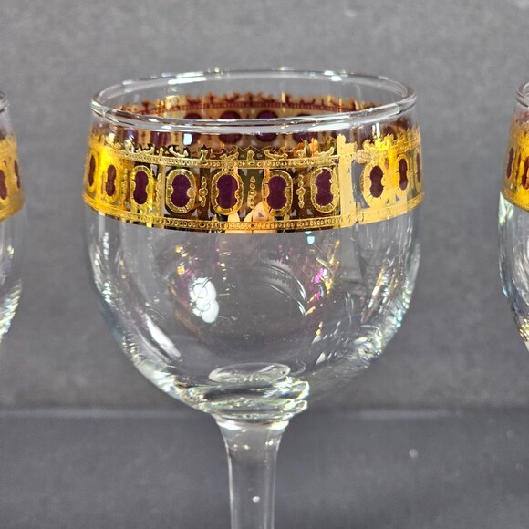 Vtg Set of 3 Midcentury 1950s 22k Gold Ruby Red Regency Culver Wine Glass Set - Picture 2 of 8